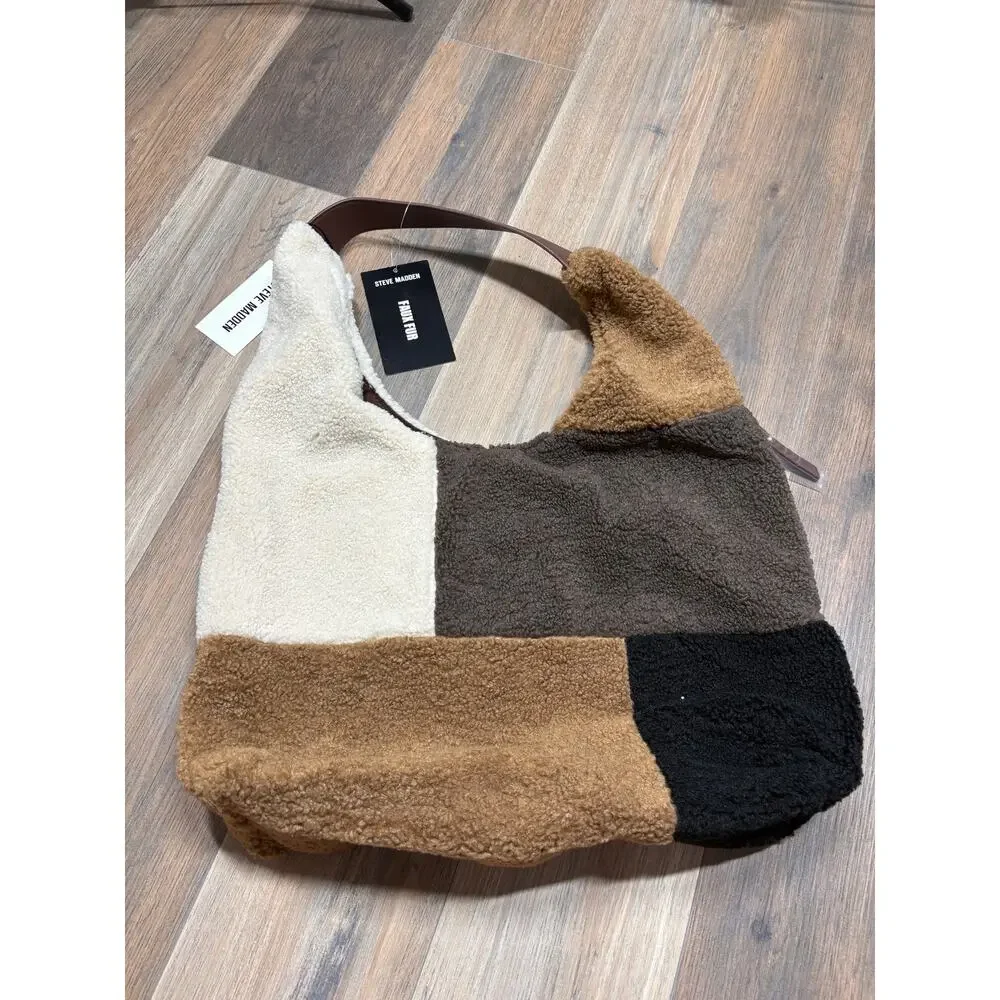 Steve Madden Cognac Multi BTully Hobo Bag Brown Black White Colorblock Faux Fur